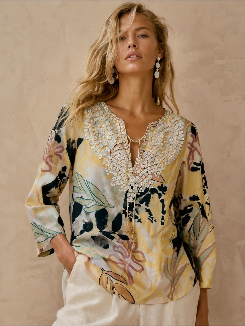 Soft Surroundings Embellished Floral Tunic Blouse Shell Beaded boho costal chic